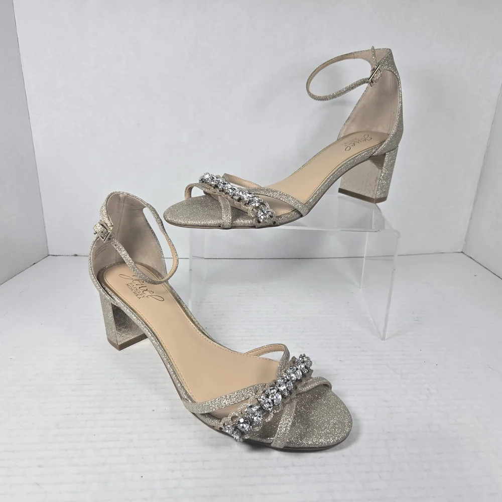 Jewel Badgley Mischka Giona Gold Jeweled Ankle Strap Block Heels Size 8 - Picture 1 of 15